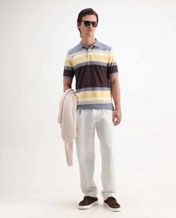 Rare Rabbit Men's Glasglow Purple Cotton Fabric Collared Neck Half Sleeves Striped Polo T-Shirt