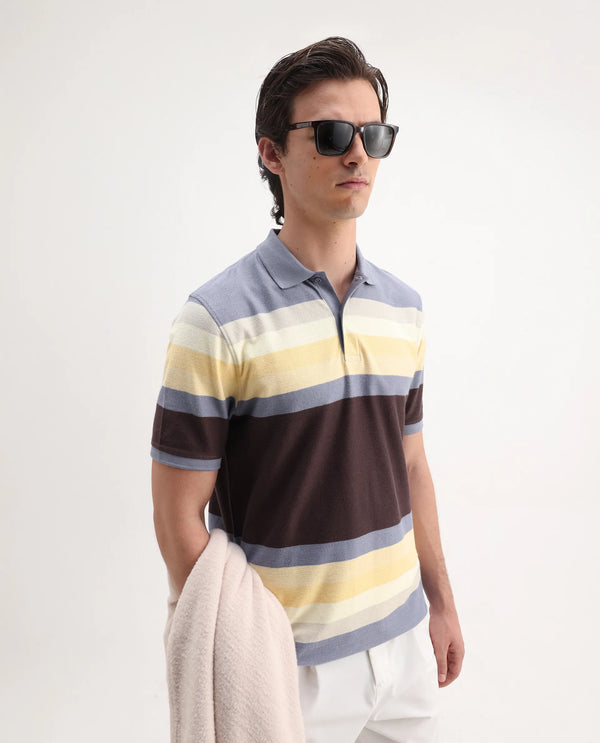 Rare Rabbit Men's Glasglow Purple Cotton Fabric Collared Neck Half Sleeves Striped Polo T-Shirt
