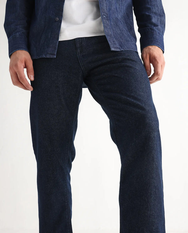 Rare Rabbit Men Gleb Dark Blue Cotton Fabric Mid Rise Carrot Fit Mid Wash Plain Denim Trousers