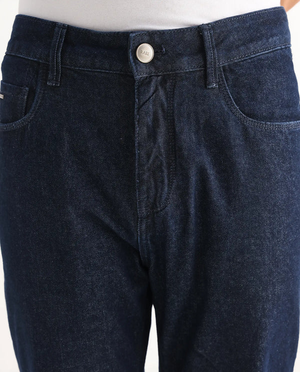Rare Rabbit Men Gleb Dark Blue Cotton Fabric Mid Rise Carrot Fit Mid Wash Plain Denim Trousers