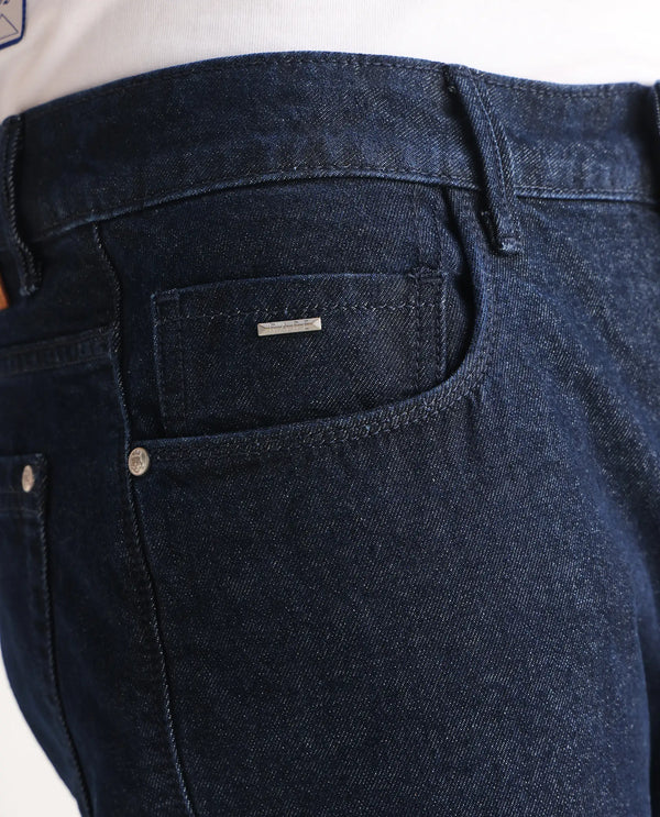 Rare Rabbit Men Gleb Dark Blue Cotton Fabric Mid Rise Carrot Fit Mid Wash Plain Denim Trousers