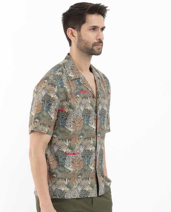 Rare Rabbit Mens Grake Light Olive Short Sleeve Cuban Collar Boxy Fit Tropical Print Shirt