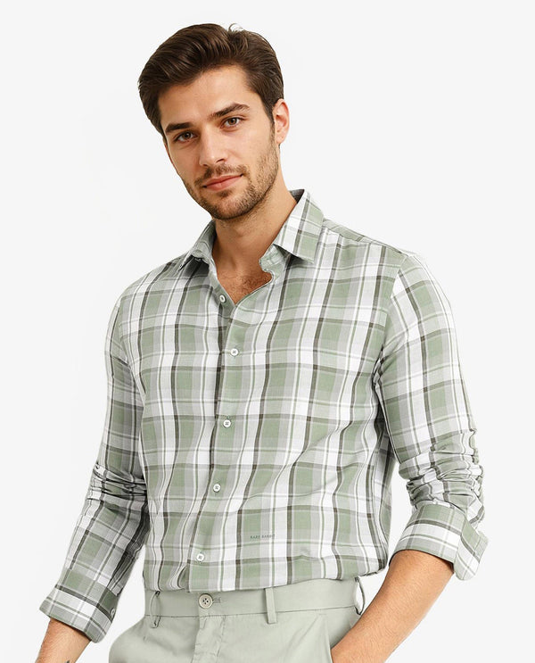 Rare Rabbit Men Greg Green Cotton Polyester Fabric Full Sleeve Collared Neck Regular Fit Check Print Shirt