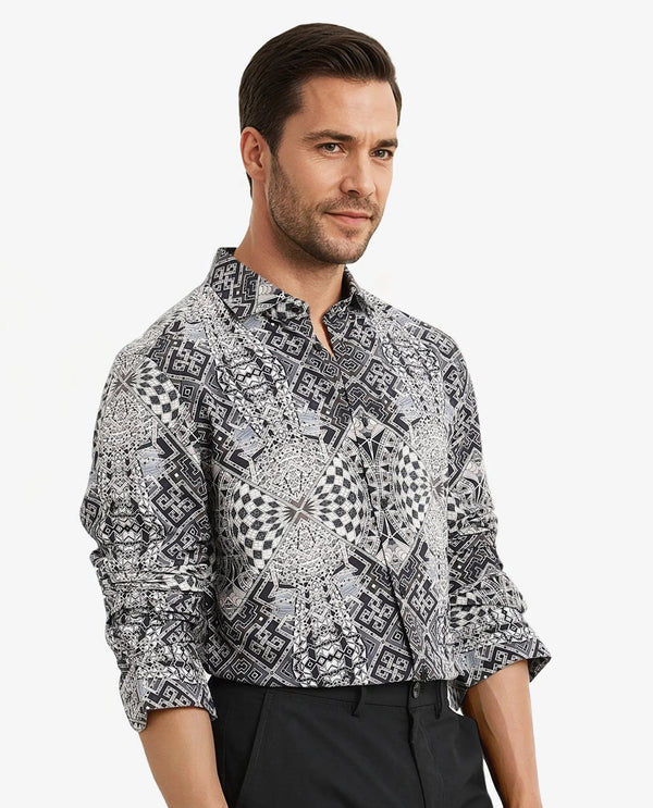 Rare Rabbit Men Guret Black Viscose Fabric Full Sleeve Regular Fit Art Decorative Print Shirt