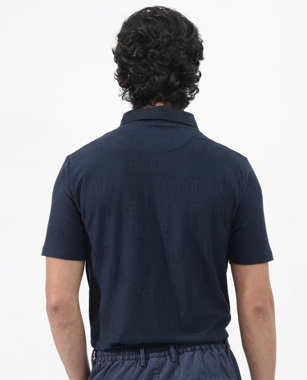 Rare Rabbit Mens Gesset-2 Dusky Navy Short Sleeve Jacquard Textured Statement Polo T-Shirt