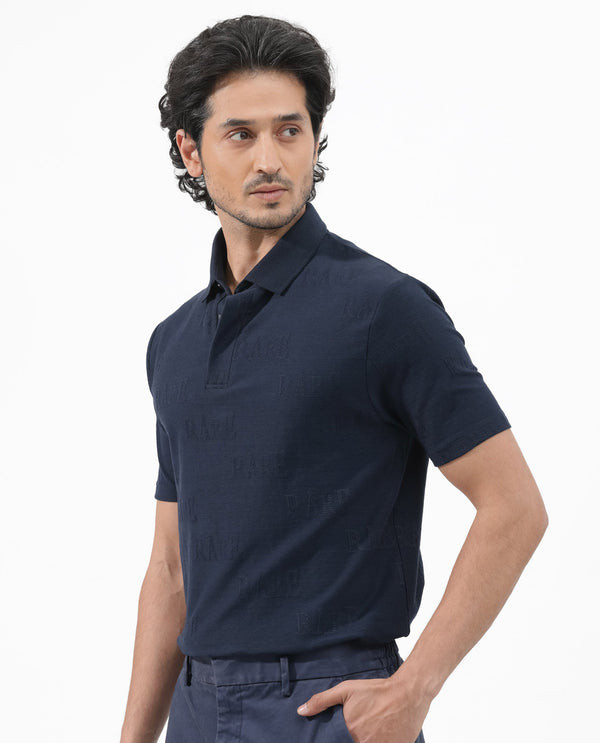 Rare Rabbit Mens Gesset-2 Dusky Navy Short Sleeve Jacquard Textured Statement Polo T-Shirt