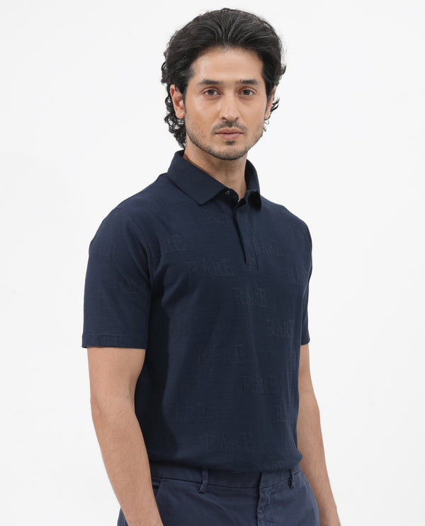 Rare Rabbit Mens Gesset-2 Dusky Navy Short Sleeve Jacquard Textured Statement Polo T-Shirt