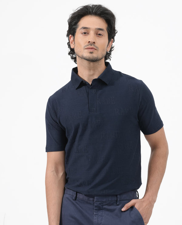 Rare Rabbit Mens Gesset-2 Dusky Navy Short Sleeve Jacquard Textured Statement Polo T-Shirt