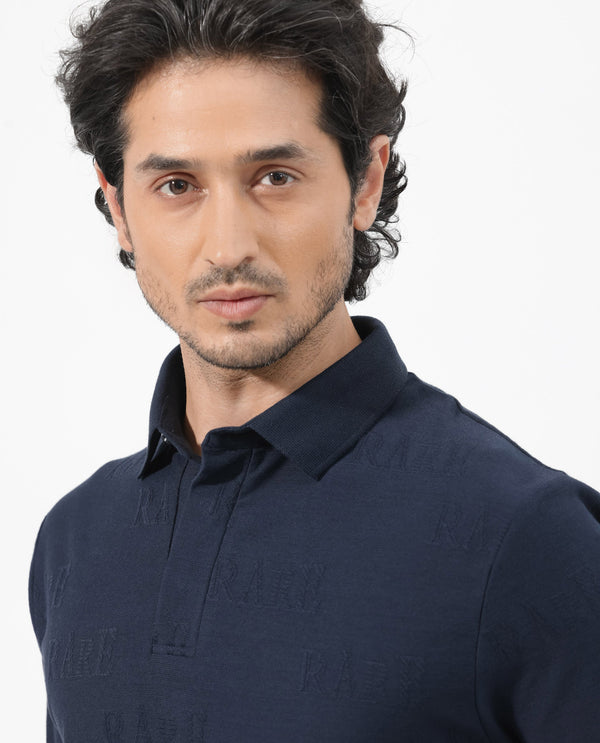 Rare Rabbit Mens Gesset-2 Dusky Navy Short Sleeve Jacquard Textured Statement Polo T-Shirt