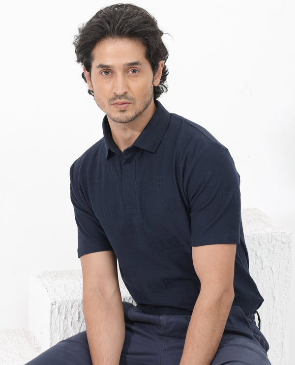Rare Rabbit Mens Gesset-2 Dusky Navy Short Sleeve Jacquard Textured Statement Polo T-Shirt