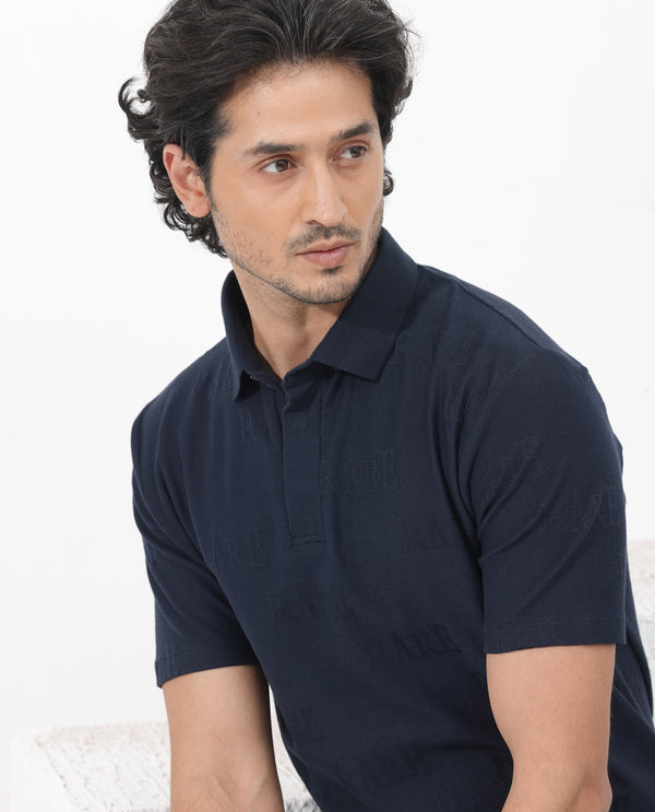 Rare Rabbit Mens Gesset-2 Dusky Navy Short Sleeve Jacquard Textured Statement Polo T-Shirt