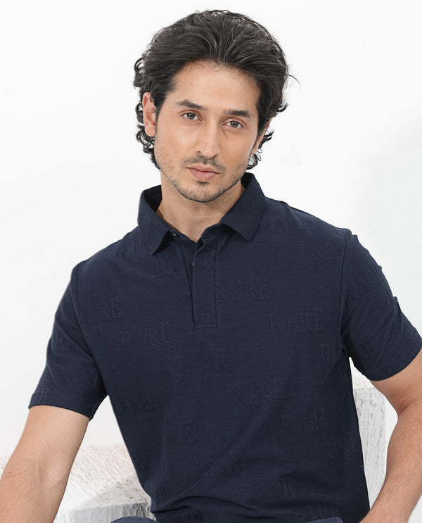 Rare Rabbit Mens Gesset-2 Dusky Navy Short Sleeve Jacquard Textured Statement Polo T-Shirt