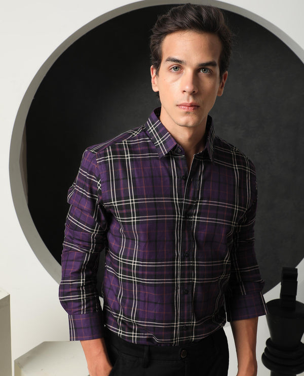 Rare Rabbit Men's Brutons Purple Cotton Fabric Full Sleeves Twill Checks Shirt