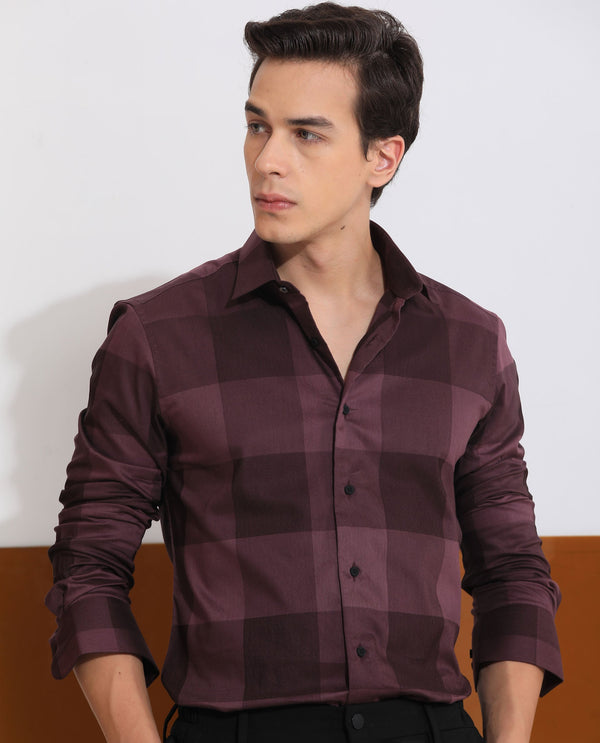 Rare Rabbit Men's Santhe Maroon Cotton Lycra Fabric Full Sleeves Regular Fit Tonal Checks Shirt