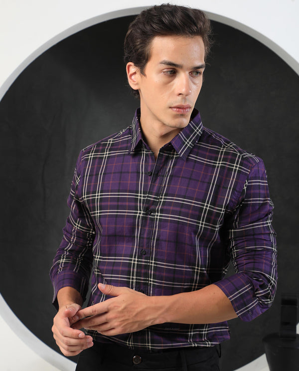 Rare Rabbit Men's Brutons Purple Cotton Fabric Full Sleeves Twill Checks Shirt