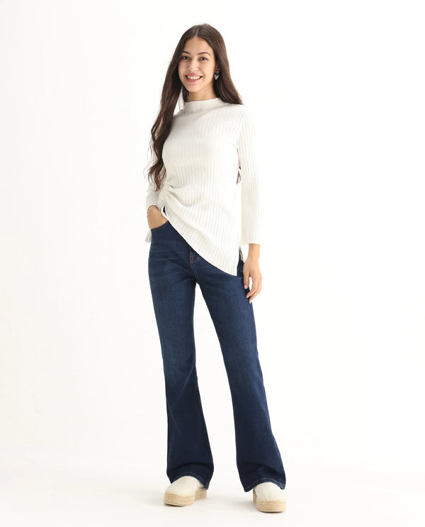 Rareism Women Hadley Dark Blue Cotton Elastane Fabric Solid Regular Length Jeans