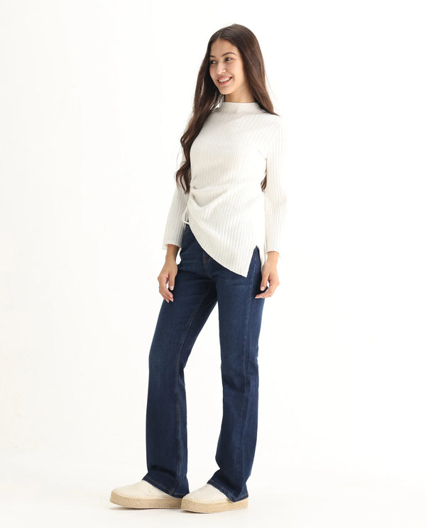 Rareism Women Hadley Dark Blue Cotton Elastane Fabric Solid Regular Length Jeans