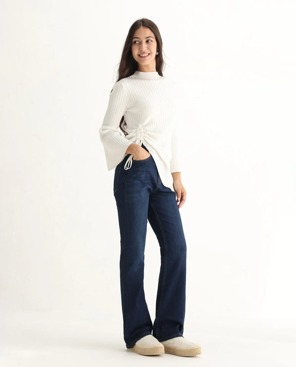 Rareism Women Hadley Dark Blue Cotton Elastane Fabric Solid Regular Length Jeans