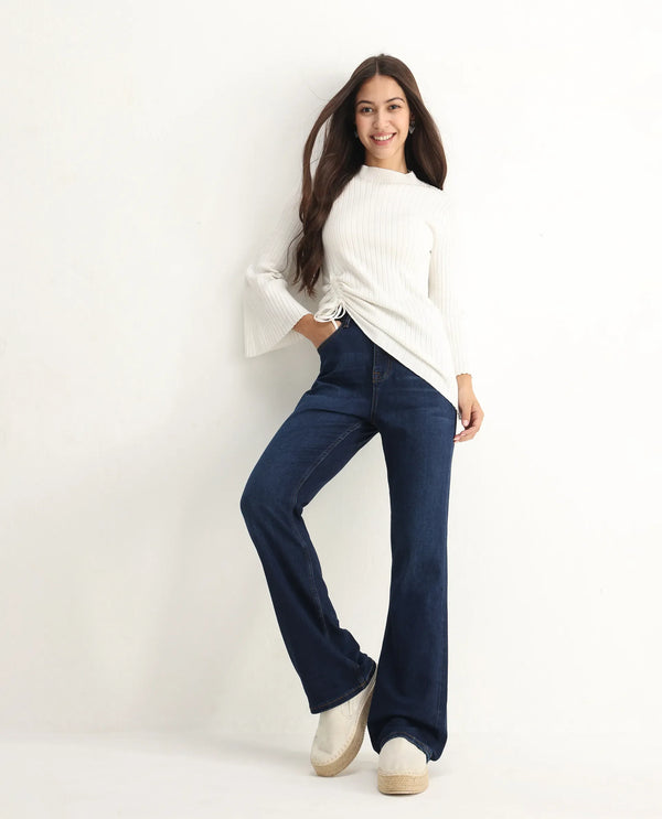 Rareism Women Hadley Dark Blue Cotton Elastane Fabric Solid Regular Length Jeans