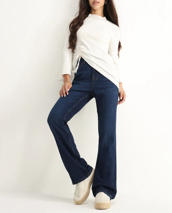 Rareism Women Hadley Dark Blue Cotton Elastane Fabric Solid Regular Length Jeans