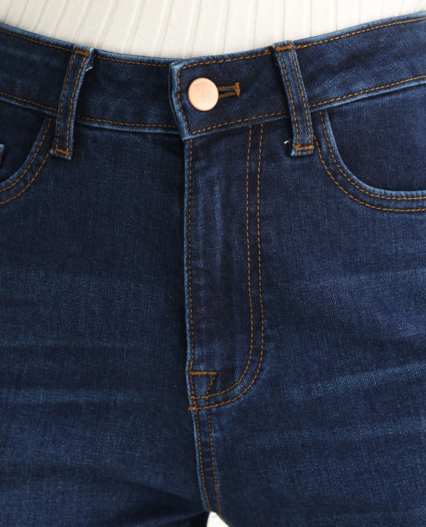 Rareism Women Hadley Dark Blue Cotton Elastane Fabric Solid Regular Length Jeans
