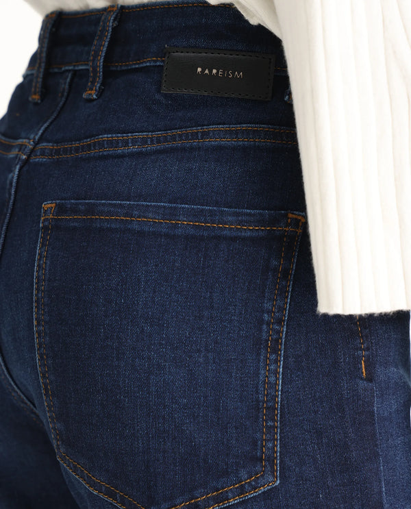 Rareism Women Hadley Dark Blue Cotton Elastane Fabric Solid Regular Length Jeans