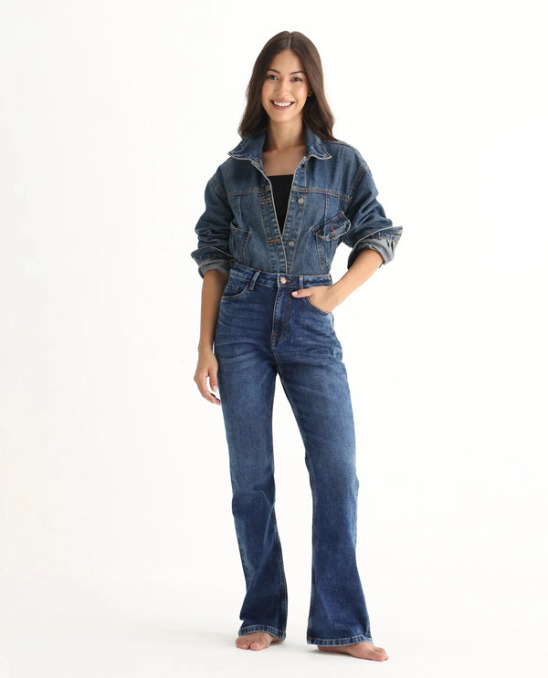 Rareism Women Hadley Blue Cotton Elastane Fabric Solid Regular Length Jeans