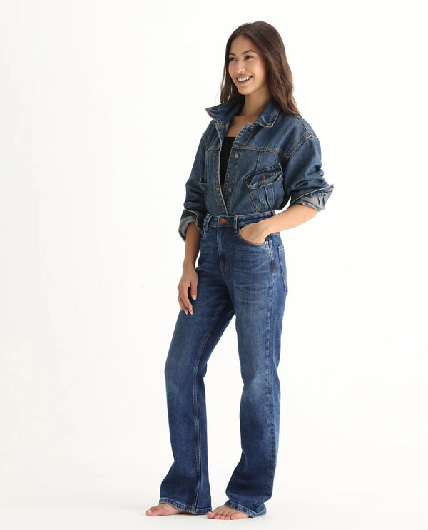 Rareism Women Hadley Blue Cotton Elastane Fabric Solid Regular Length Jeans