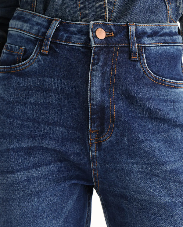 Rareism Women Hadley Blue Cotton Elastane Fabric Solid Regular Length Jeans