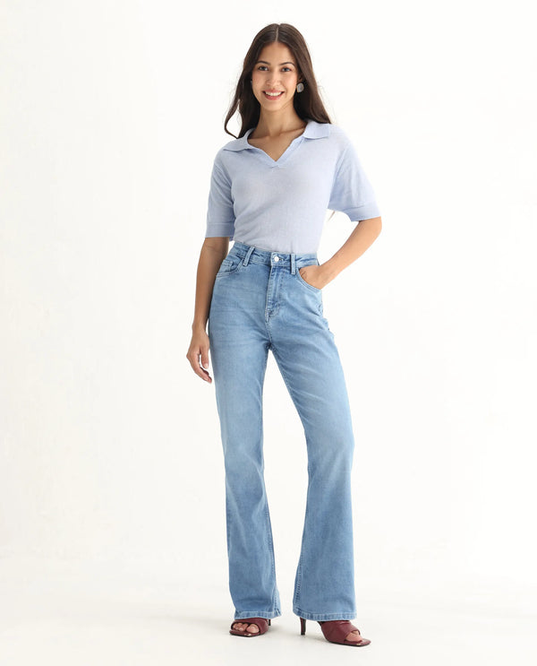 Rareism Women Hadley-SC Pastel Blue Cotton Elastane Fabric Solid Regular Length Jeans