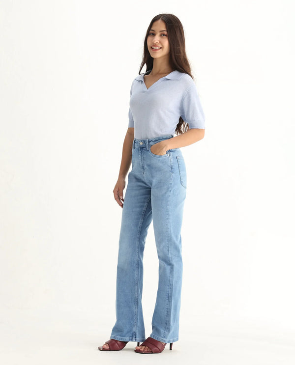 Rareism Women Hadley-SC Pastel Blue Cotton Elastane Fabric Solid Regular Length Jeans