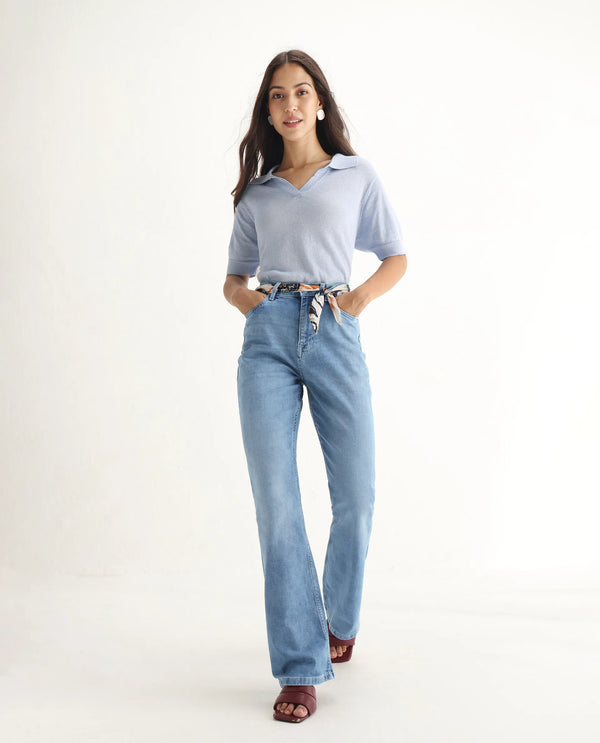Rareism Women Hadley-SC Pastel Blue Cotton Elastane Fabric Solid Regular Length Jeans