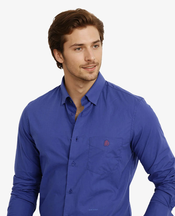 Rare Rabbit Men Harmin Pastel Dark Blue Cotton Fabric Full Sleeve Regular Fit Embroidered Logo Plain Poplin Shirt