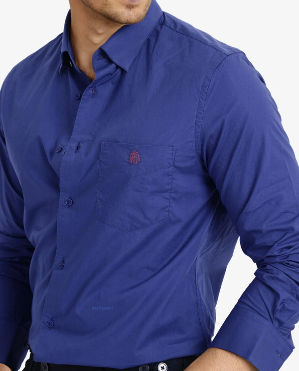 Rare Rabbit Men Harmin Pastel Dark Blue Cotton Fabric Full Sleeve Regular Fit Embroidered Logo Plain Poplin Shirt