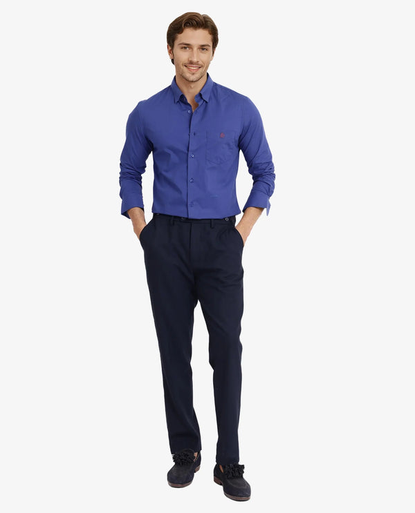 Rare Rabbit Men Harmin Pastel Dark Blue Cotton Fabric Full Sleeve Regular Fit Embroidered Logo Plain Poplin Shirt