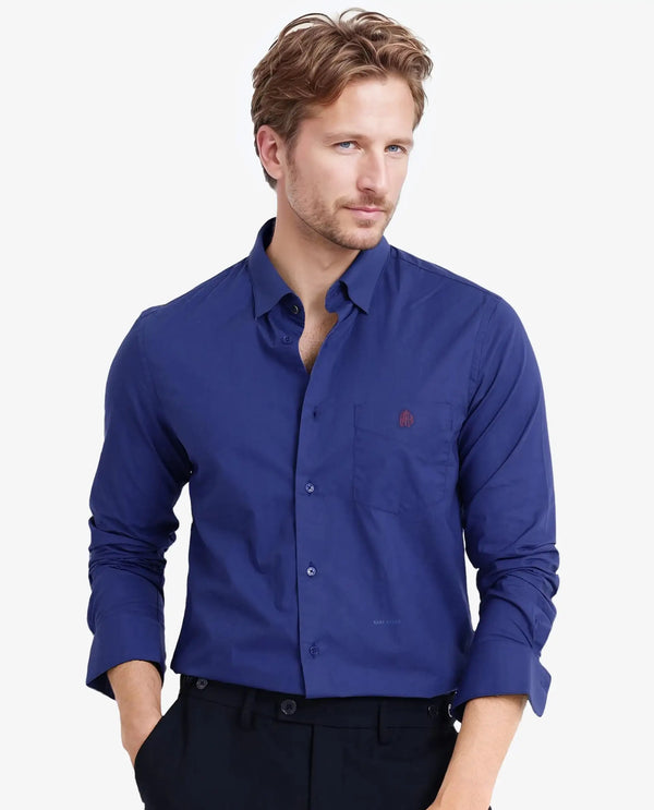 Rare Rabbit Men Harmin Pastel Dark Blue Cotton Fabric Full Sleeve Regular Fit Embroidered Logo Plain Poplin Shirt