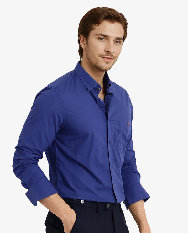 Rare Rabbit Men Harmin Pastel Dark Blue Cotton Fabric Full Sleeve Regular Fit Embroidered Logo Plain Poplin Shirt