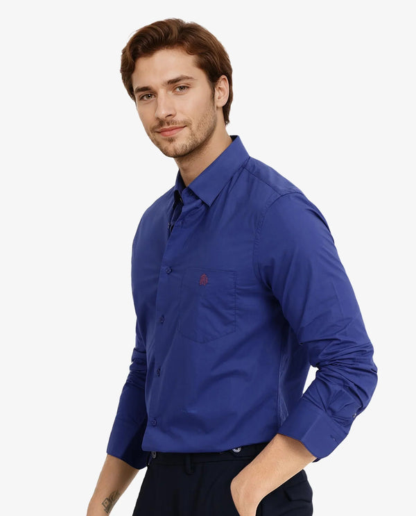 Rare Rabbit Men Harmin Pastel Dark Blue Cotton Fabric Full Sleeve Regular Fit Embroidered Logo Plain Poplin Shirt