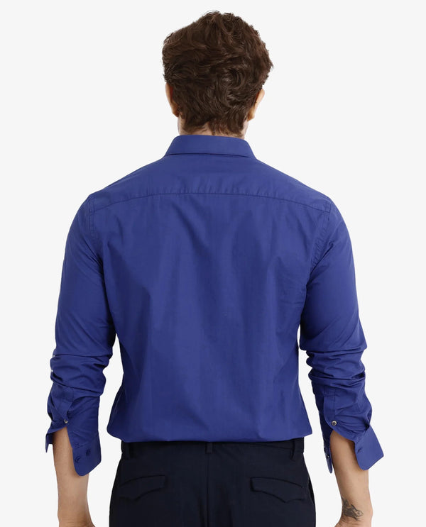 Rare Rabbit Men Harmin Pastel Dark Blue Cotton Fabric Full Sleeve Regular Fit Embroidered Logo Plain Poplin Shirt