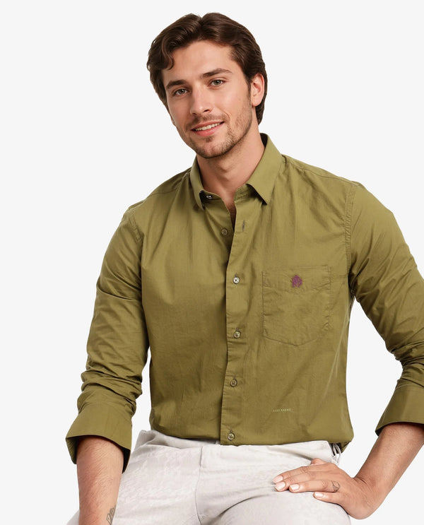 Rare Rabbit Men Harmin Light Olive Cotton Fabric Full Sleeve Regular Fit Embroidered Logo Plain Poplin Shirt