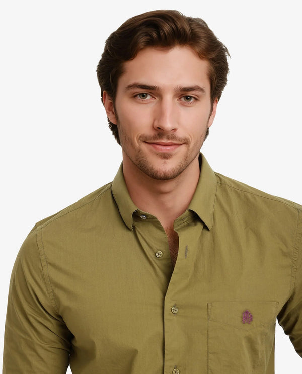 Rare Rabbit Men Harmin Light Olive Cotton Fabric Full Sleeve Regular Fit Embroidered Logo Plain Poplin Shirt