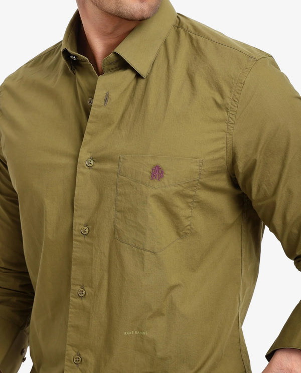 Rare Rabbit Men Harmin Light Olive Cotton Fabric Full Sleeve Regular Fit Embroidered Logo Plain Poplin Shirt