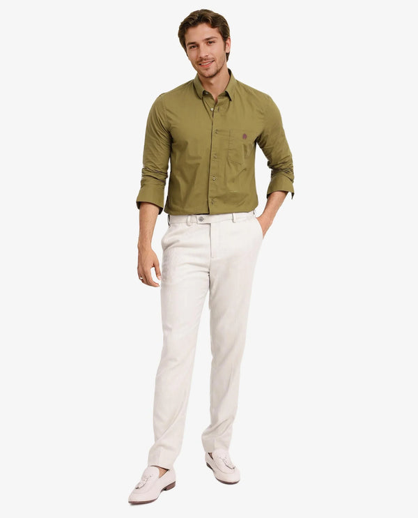 Rare Rabbit Men Harmin Light Olive Cotton Fabric Full Sleeve Regular Fit Embroidered Logo Plain Poplin Shirt