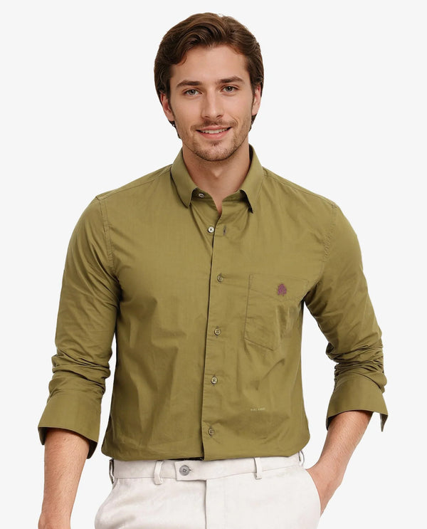 Rare Rabbit Men Harmin Light Olive Cotton Fabric Full Sleeve Regular Fit Embroidered Logo Plain Poplin Shirt