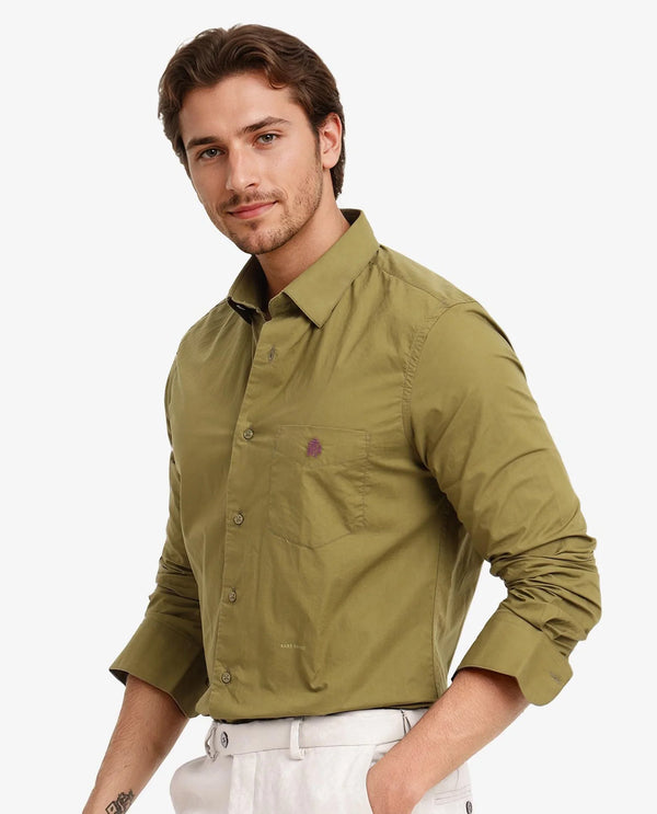 Rare Rabbit Men Harmin Light Olive Cotton Fabric Full Sleeve Regular Fit Embroidered Logo Plain Poplin Shirt