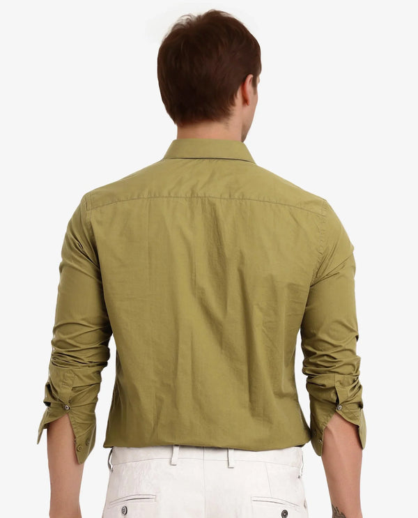 Rare Rabbit Men Harmin Light Olive Cotton Fabric Full Sleeve Regular Fit Embroidered Logo Plain Poplin Shirt