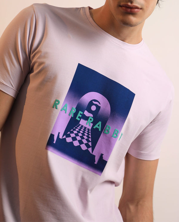 Rare Rabbit Men's Rives Pastel Purple Crew Neck Discharge and HD Print Branding Half Sleeves Slim Fit T-Shirt