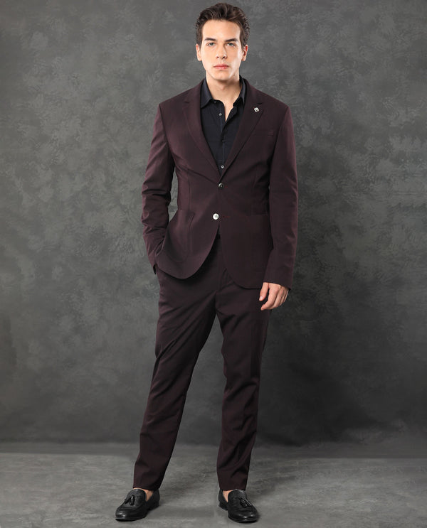 Rare Rabbit Men's Zanza Maroon Polyester Viscose Fabric Notch Lapel Button Closure Single Breasted Textured Suits