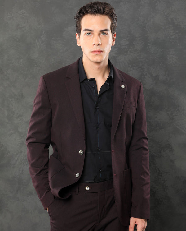 Rare Rabbit Men's Zanza Maroon Polyester Viscose Fabric Notch Lapel Button Closure Single Breasted Textured Suits