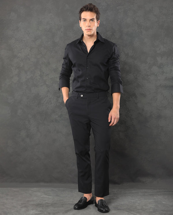 Rare Rabbit Men's Zanza Black Polyester Viscose Fabric Notch Lapel Button Closure Single Breasted Textured Suits